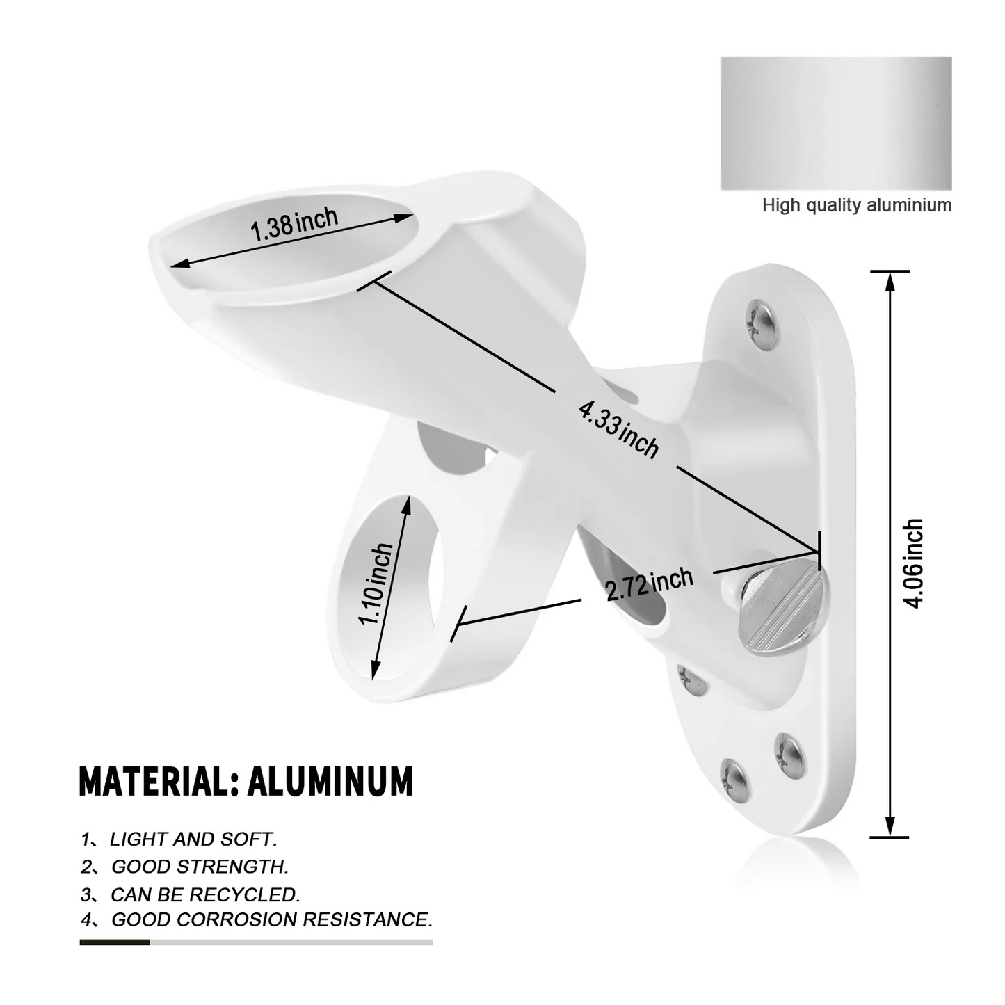 Image depicting The FlagStars' FLAG MOUNTING BRACKET made of white aluminum, with dimensions clearly labeled: 4.33 inches long, 4.06 inches tall, 2.72 inches wide, and a diameter of 1.38 inches. The text highlights the product's lightness, strength, corrosion resistance, and weather-resistant finish for easy installation and lasting durability.