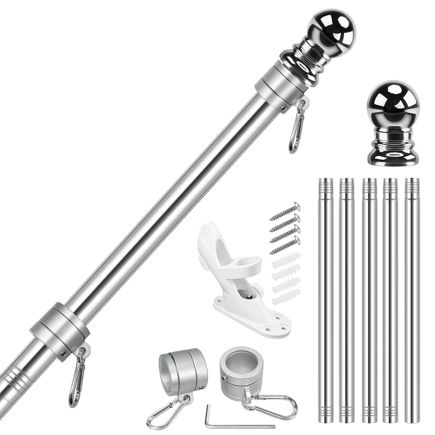 Flag Stars Inc 5-Section 6FT Stainless Steel Flagpole Kit—durable pole with wall brackets, mounting screws, rings, clips, and decorative finials—shown on a white background.