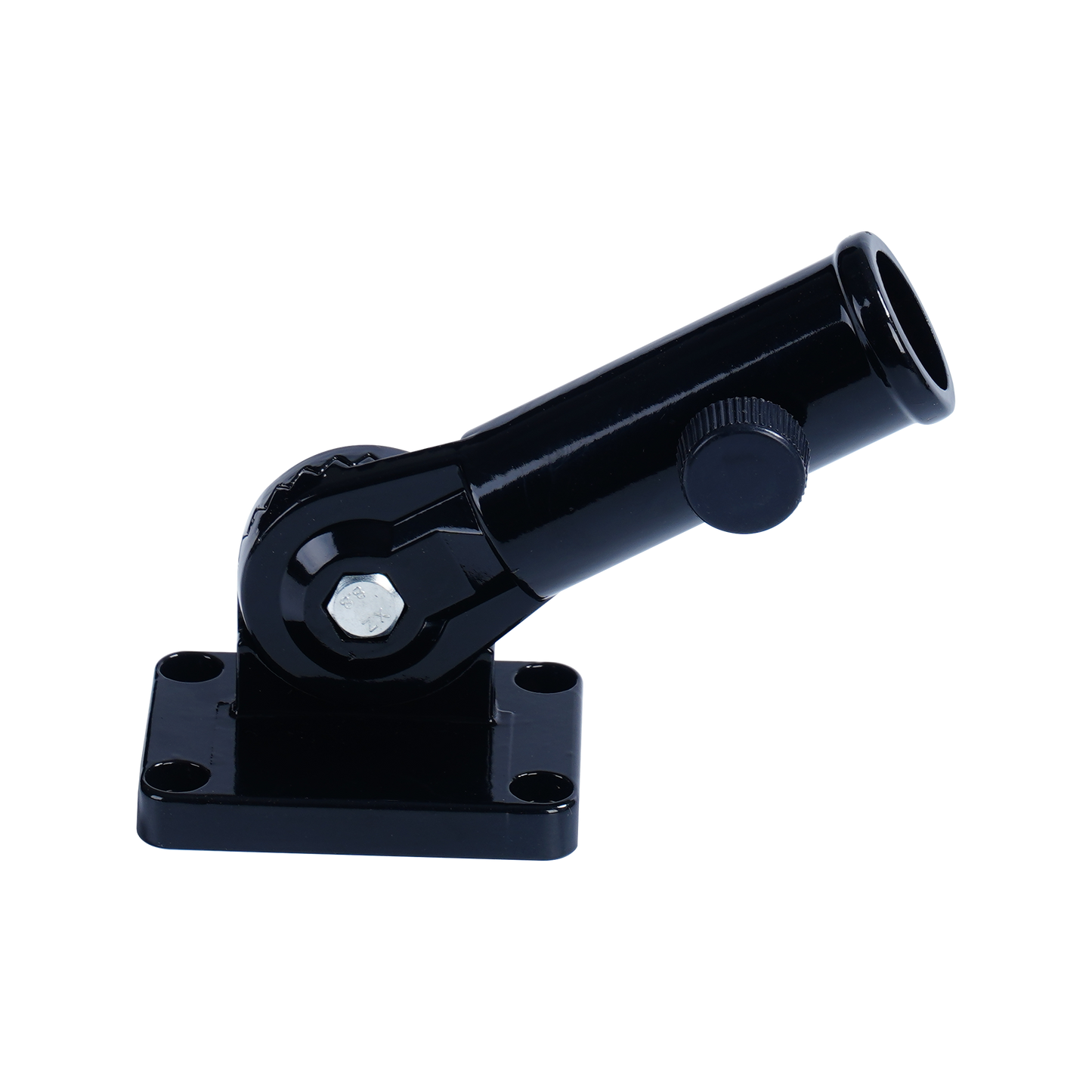 Flag Stars Inc Aluminum Flagpole Bracket – Multi Positions Adjustable, black weather-resistant with a cylindrical holder and square base featuring four screw holes, shown on a plain white background.