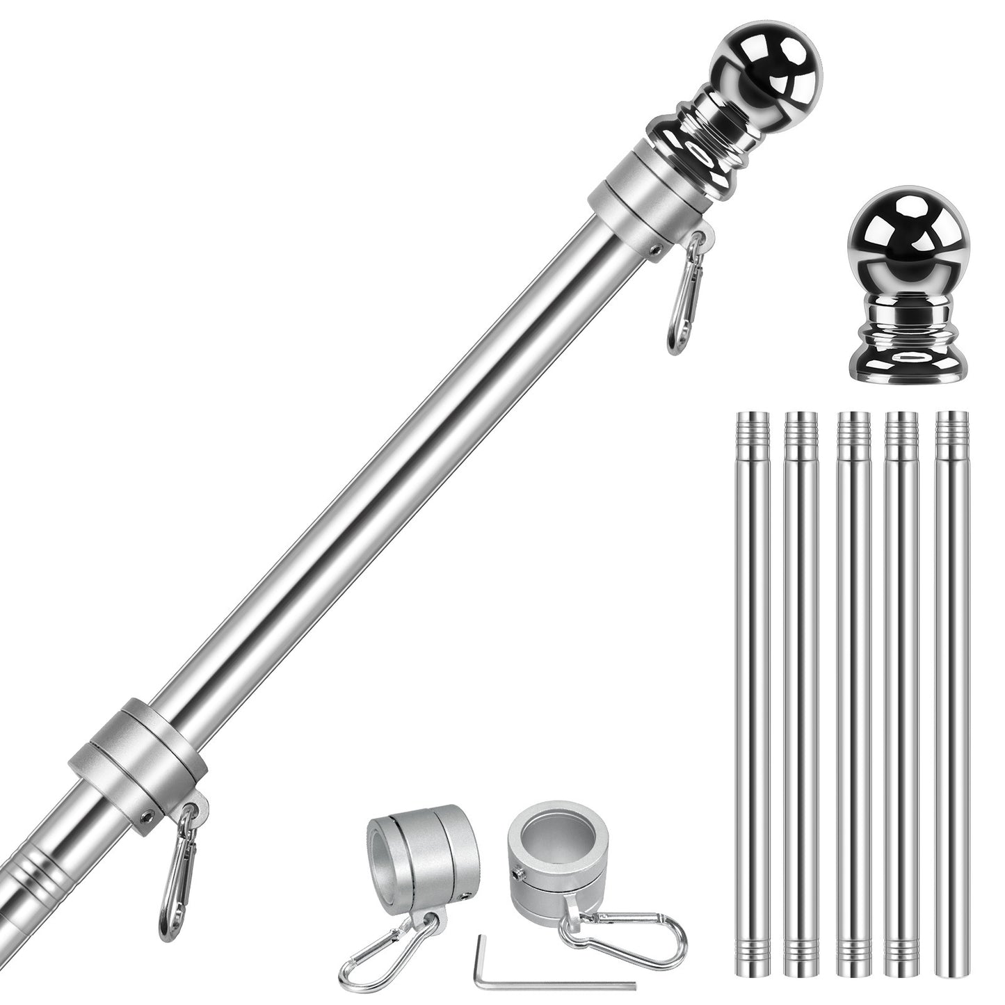 The Flag Stars Inc 5-Section 6FT Stainless Steel Flagpole features durable sections, a sleek finish, and can be assembled to fit your display needs. Shown both connected and separated for versatile flag presentation.