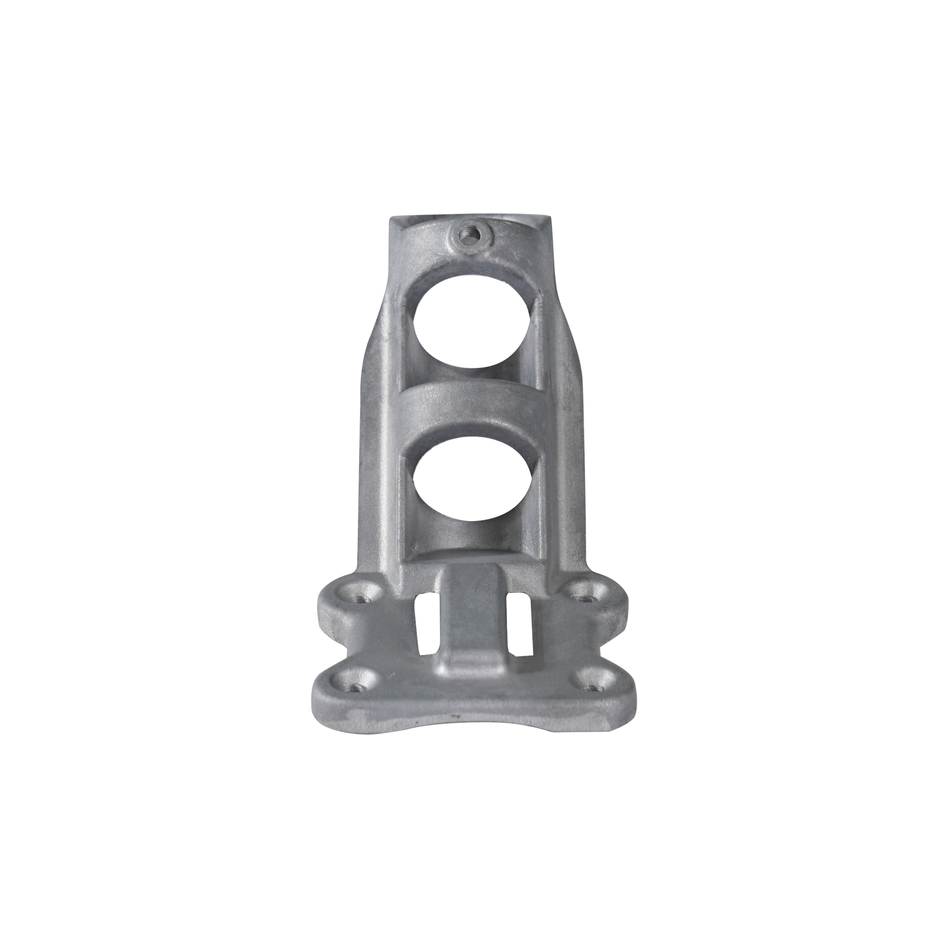 The Flag Stars Inc Aluminum Flagpole Bracket with Band Clamp, designed for a 1-inch flagpole, features two circular holes and a rectangular slot. It's shown from above against a plain white background.