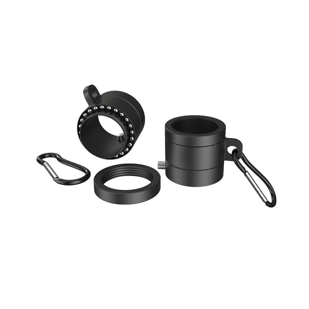 Four black metal objects from Flag Stars Inc are shown: two Alumimun Alloy Spinning Rings (one with silver balls for 360° rotation), a flat ring, and two black carabiner clips, all displayed on a white background.