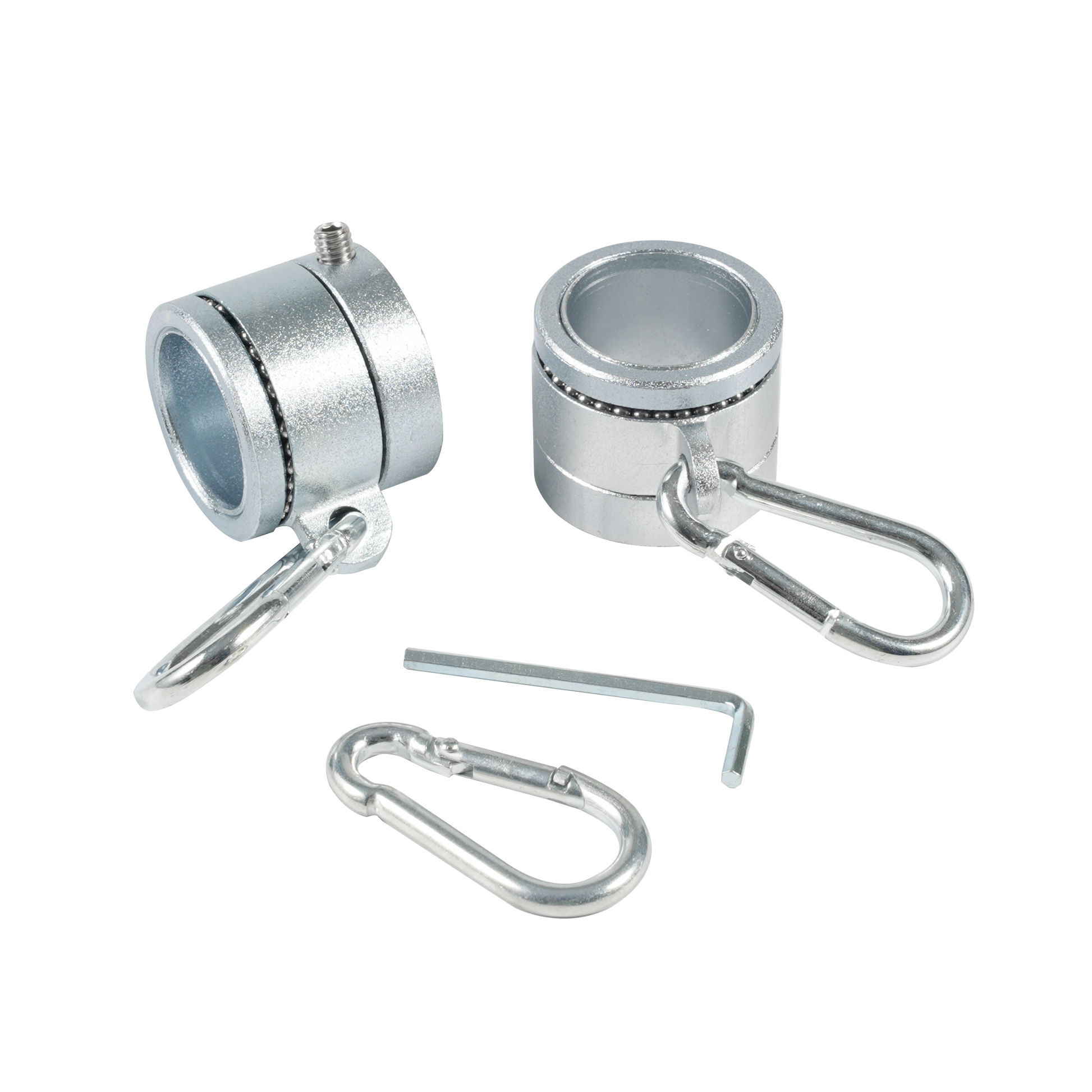 The Flag Stars Inc Alumimun Alloy Spinning Rings set includes two silver metal collar clamps with screws and attached carabiners, a loose carabiner, and a small hex key. Ideal for tangle-free use on aluminum flagpole rings and 360° rotating flag rings.