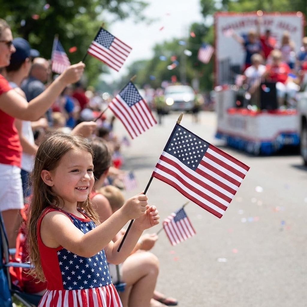 A young girl in a star-spangled dress waves an American flag by Flag Stars Inc, while others hold Cotton US Stick Flags (12 packs, Made in USA) with Veterans Day decorations on a float in the background.
