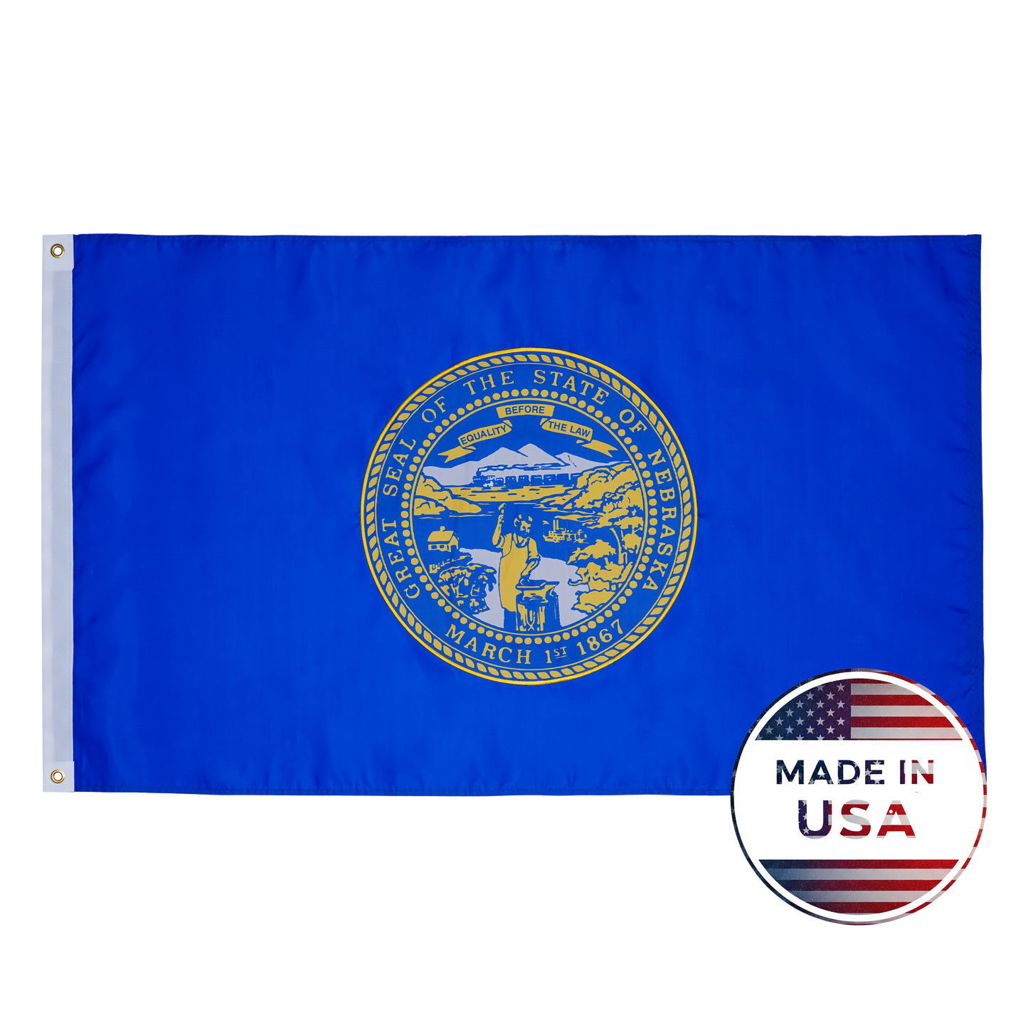The Nebraska State Flag by Flag Stars Inc features the state seal in gold on blue with raised embroidery and a circular "Made in USA" label. 100% made in the USA and ideal for outdoor use.