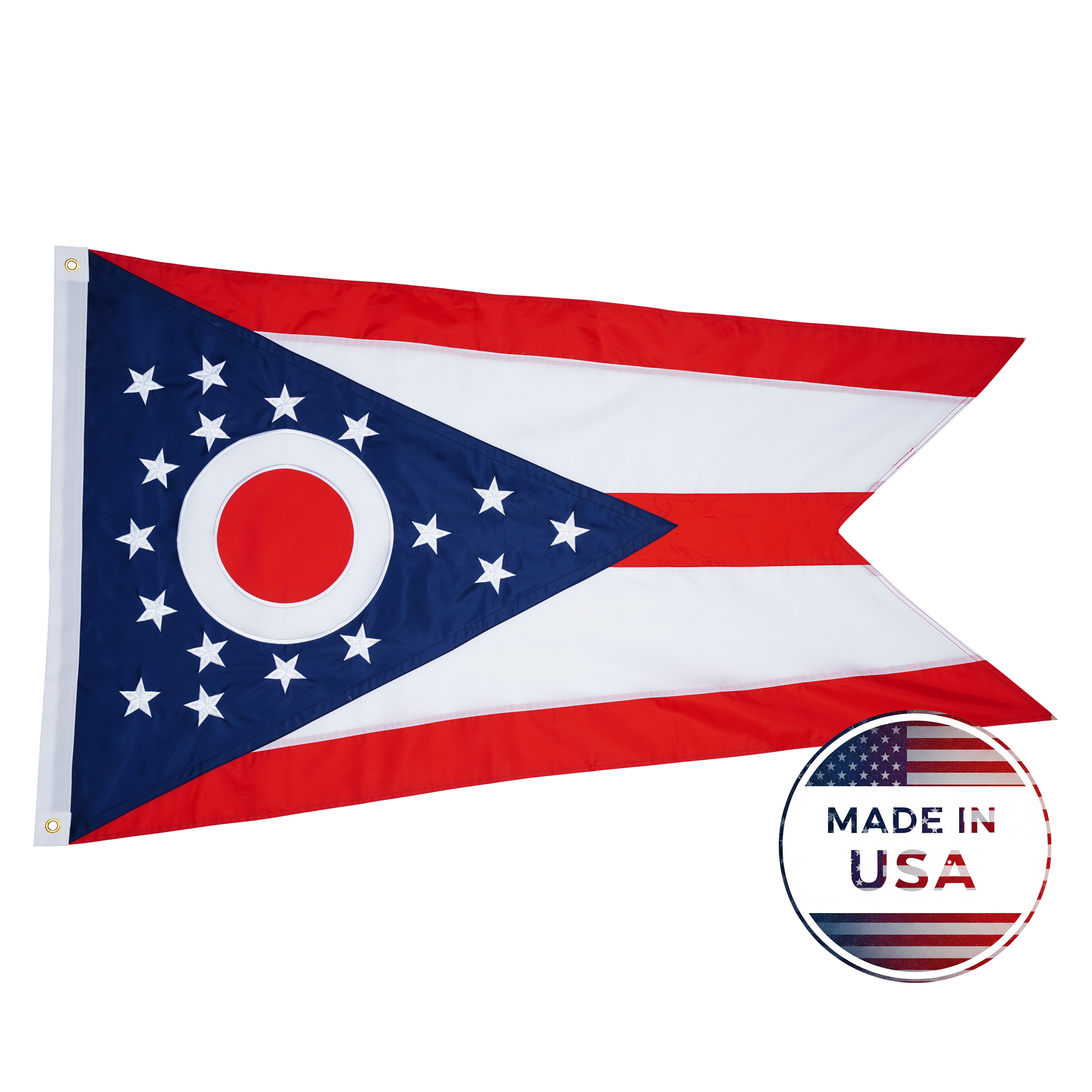 The Ohio State Flag by Flag Stars Inc features a unique swallowtail design with stars, plus a circular "Made in USA" badge—crafted with raised embroidery and built for outdoor use. 100% made in the USA.