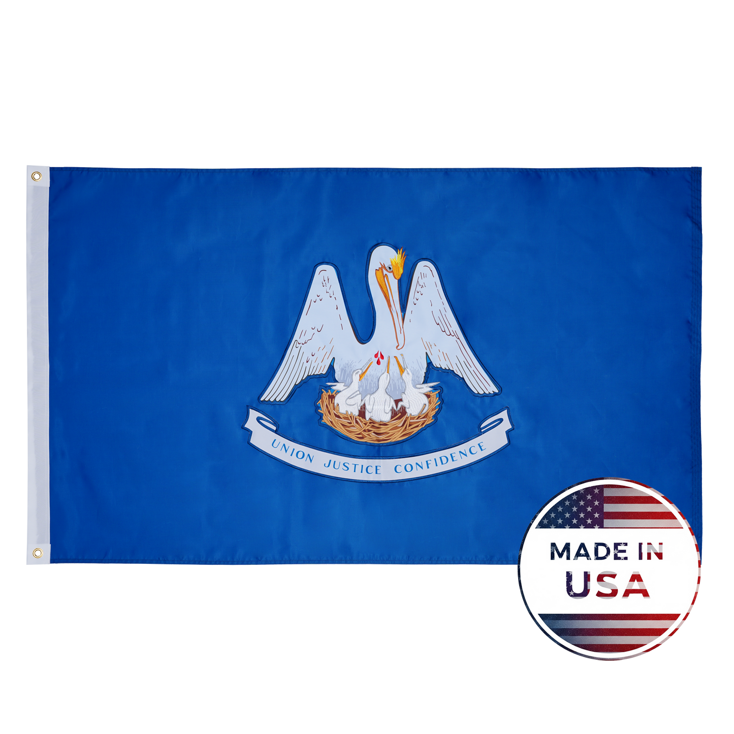 The Louisiana State Flag - 100% Made in USA by Flag Stars Inc shows a white pelican feeding its young on blue, above a Union Justice Confidence ribbon. With raised embroidery, it’s outdoor-ready and has a Made in USA badge in the lower right corner.