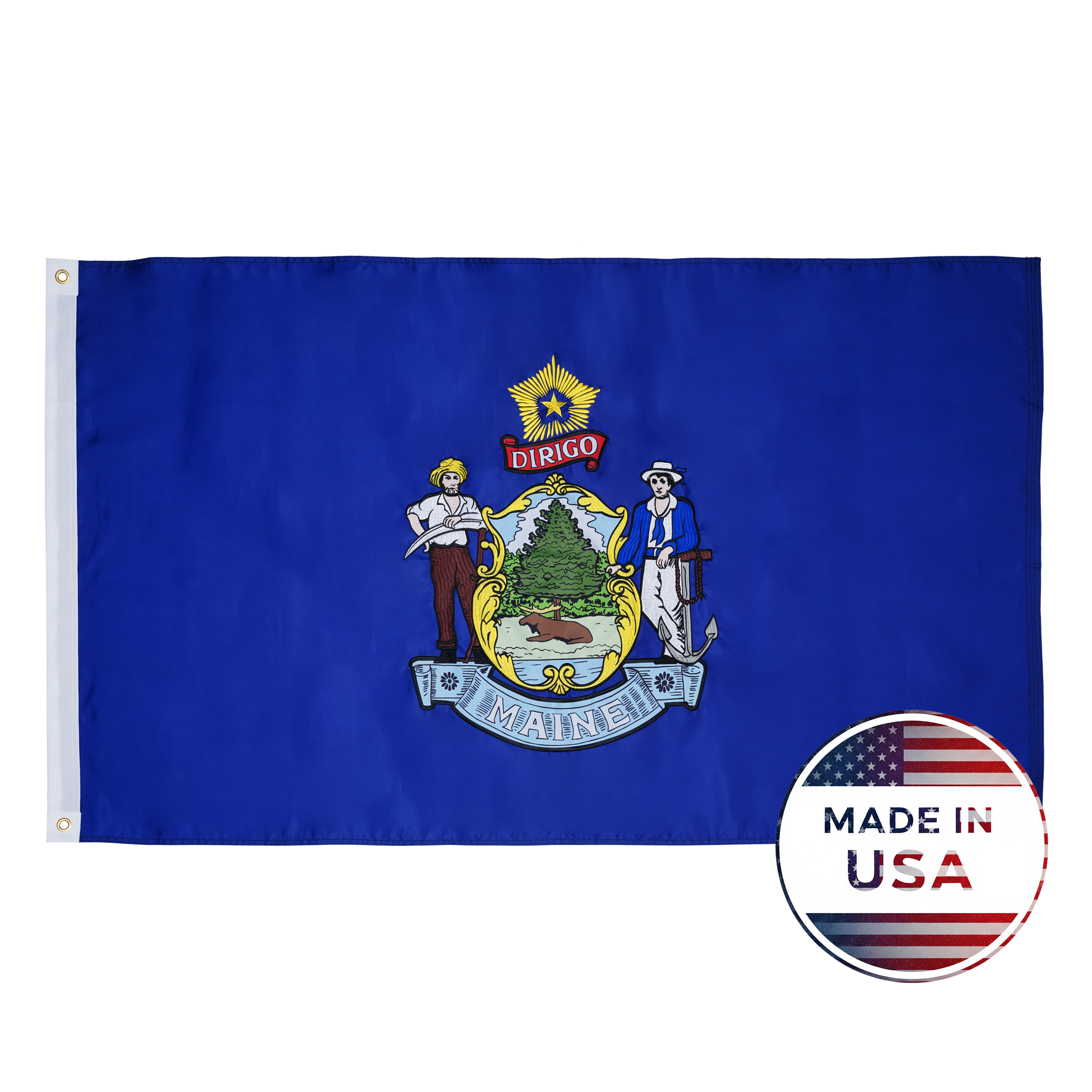 Flag Stars Inc’s Maine State Flag features the state coat of arms on a blue background, is designed for outdoor use, and highlights its 100% Made in USA quality.