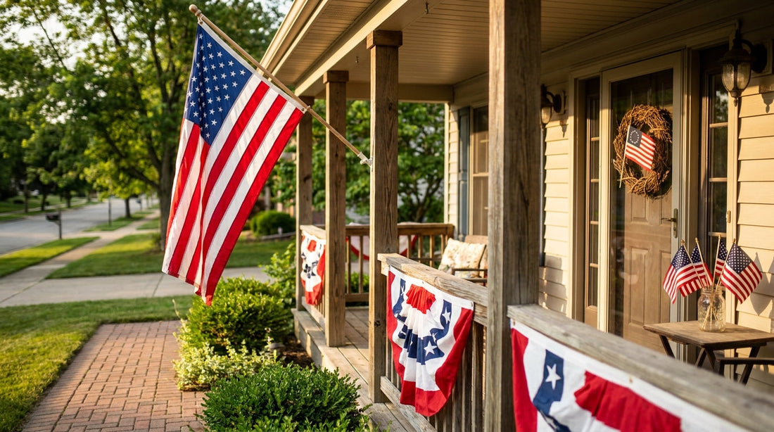 America 250 decorations shopping list displayed on a patriotic front porch with a flying American flag and bunting