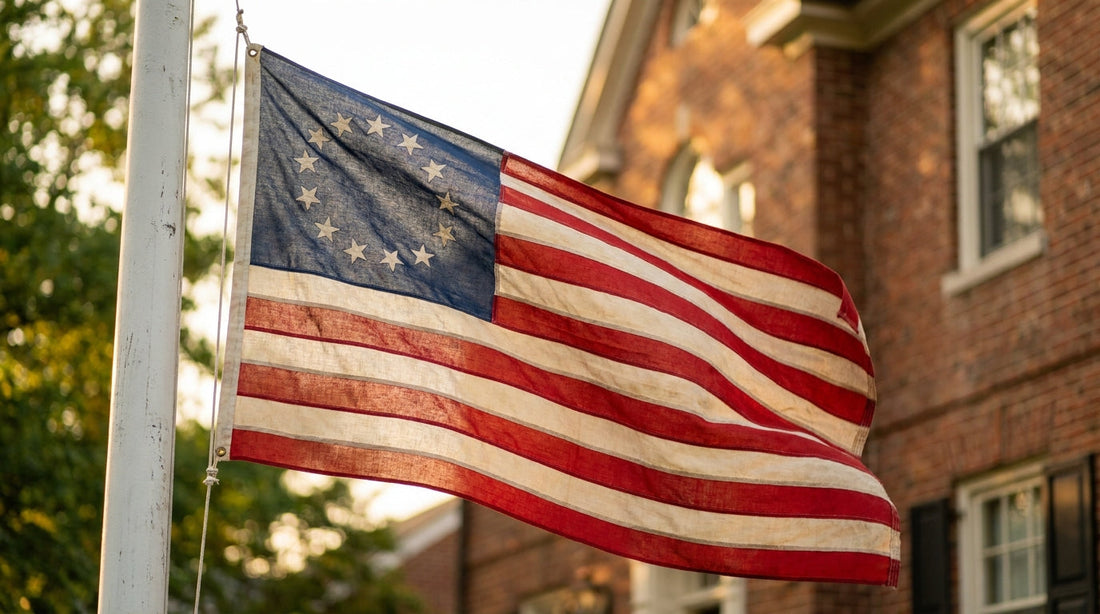 Betsy Ross flag with 13-star circle flying from a white residential flagpole in golden afternoon light