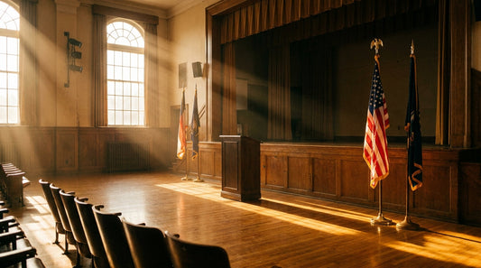 American flag on stage at a school auditorium podium in the position of honor, speaker's right, with gold fringe and eagle topper