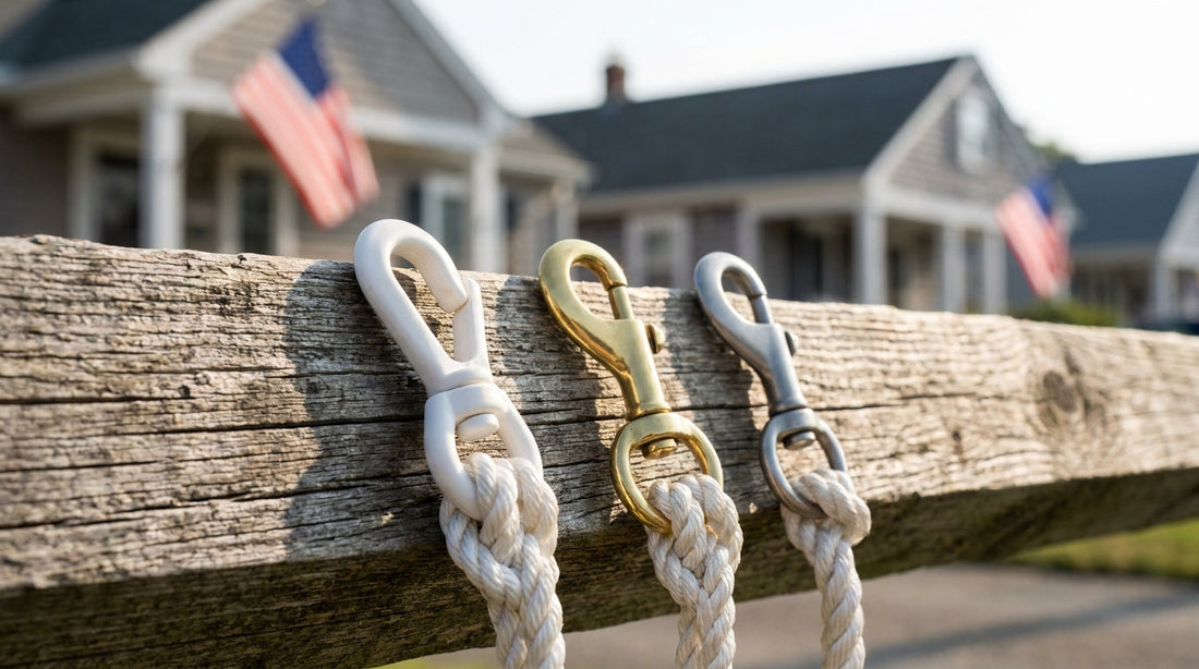 Three flag pole snap hooks in nylon, brass, and stainless steel on a halyard rope outdoors