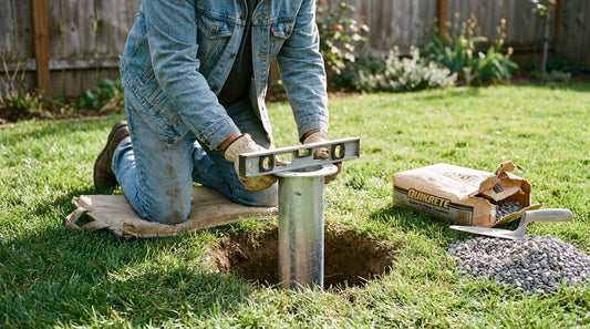 Homeowner setting a galvanized steel flagpole ground sleeve into a dug hole during residential flagpole installation depth setup