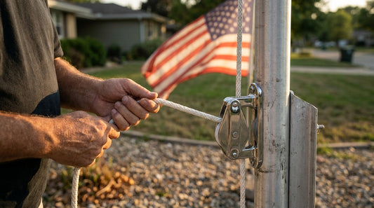 Person threading a white polyester flagpole rope through a truck pulley on a silver residential flagpole — flagpole rope size guide