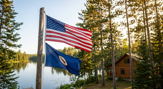 United States flag flying above a blue Minnesota state flag on a residential flagpole at golden hour