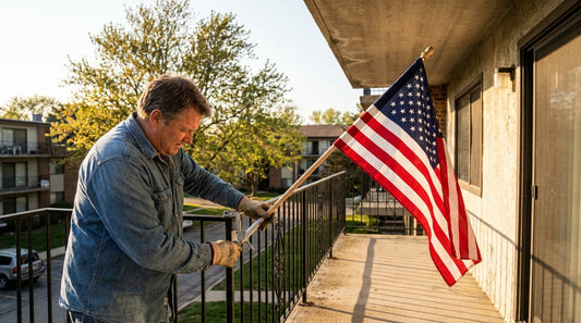 Homeowner mounting an American flag on a balcony railing without drilling using an adjustable aluminum clamp bracket
