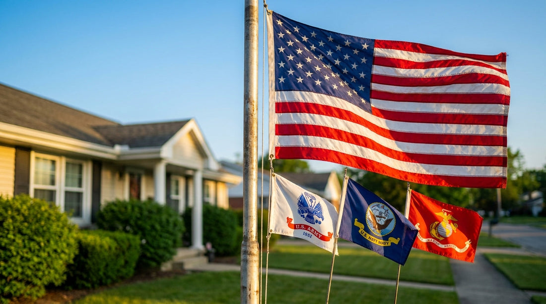 Military 250th anniversary flag for Army, Navy, and Marine Corps flying with the U.S. flag at sunrise