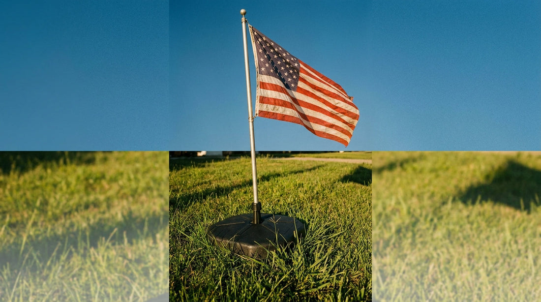 Freestanding no dig flagpole base on green grass flying an American flag in afternoon sunlight