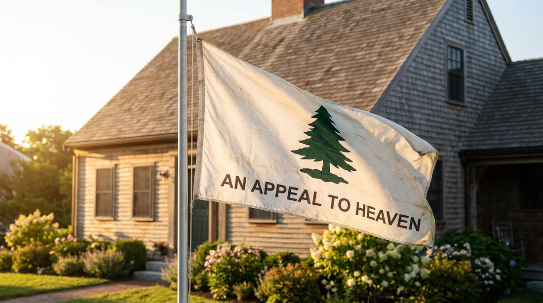White pine tree flag with green pine and Appeal to Heaven text flying from a residential flagpole on a clear summer morning