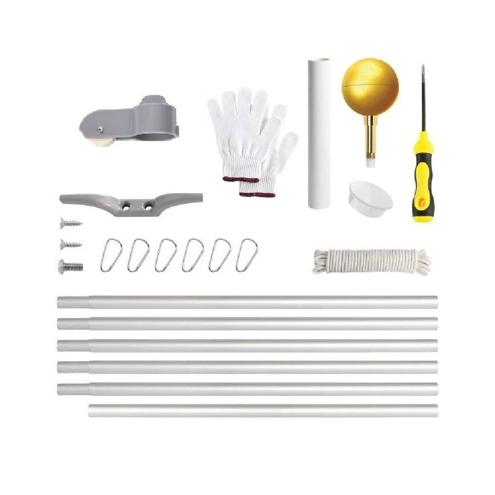 Flag Stars Inc 6-Section 25FT Aluminum Flagpole kit includes sturdy pole sections, rope, clips, finial, mounting bracket, screws, gloves, screwdriver, and cap.