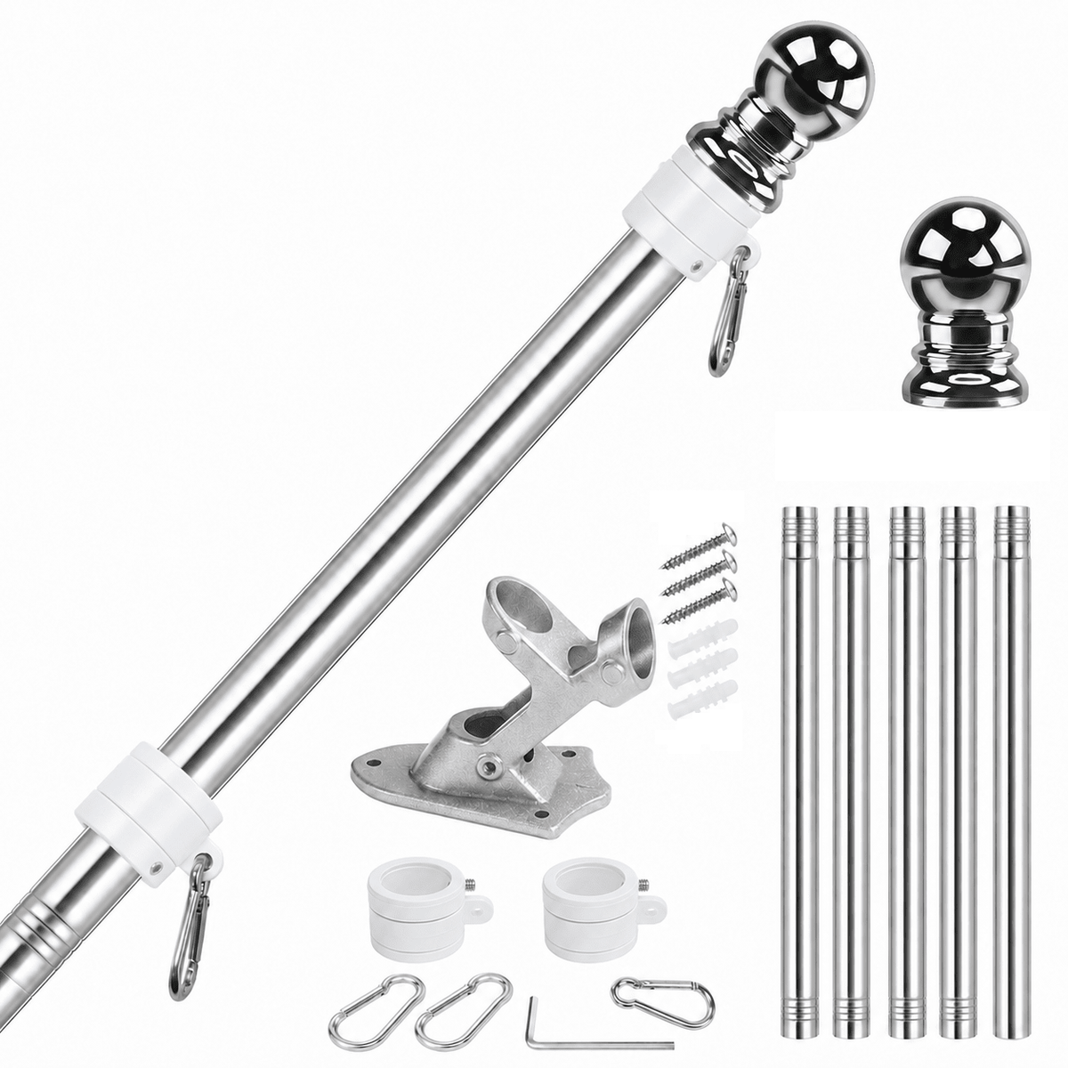 5-Section 5FT Stainless Steel Flagpole Kit - FlagStars