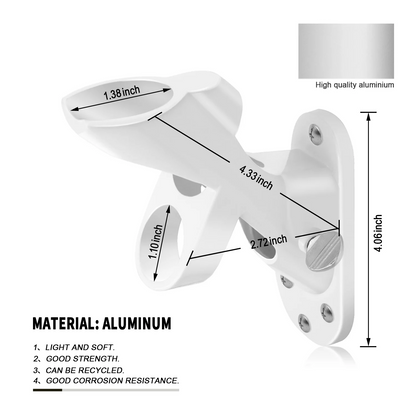 Image depicting The FlagStars' FLAG MOUNTING BRACKET made of white aluminum, with dimensions clearly labeled: 4.33 inches long, 4.06 inches tall, 2.72 inches wide, and a diameter of 1.38 inches. The text highlights the product's lightness, strength, corrosion resistance, and weather-resistant finish for easy installation and lasting durability.
