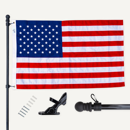 The FlagStars' AMERICAN FLAG SET - COMPLETE BUNDLE includes a U.S. flag, along with all necessary mounting hardware such as screws, a bracket, and an adjustable aluminum flag pole topped with a finial. The pole is designed with tangle-free spinners and comes with an attached flag clip for easy installation.