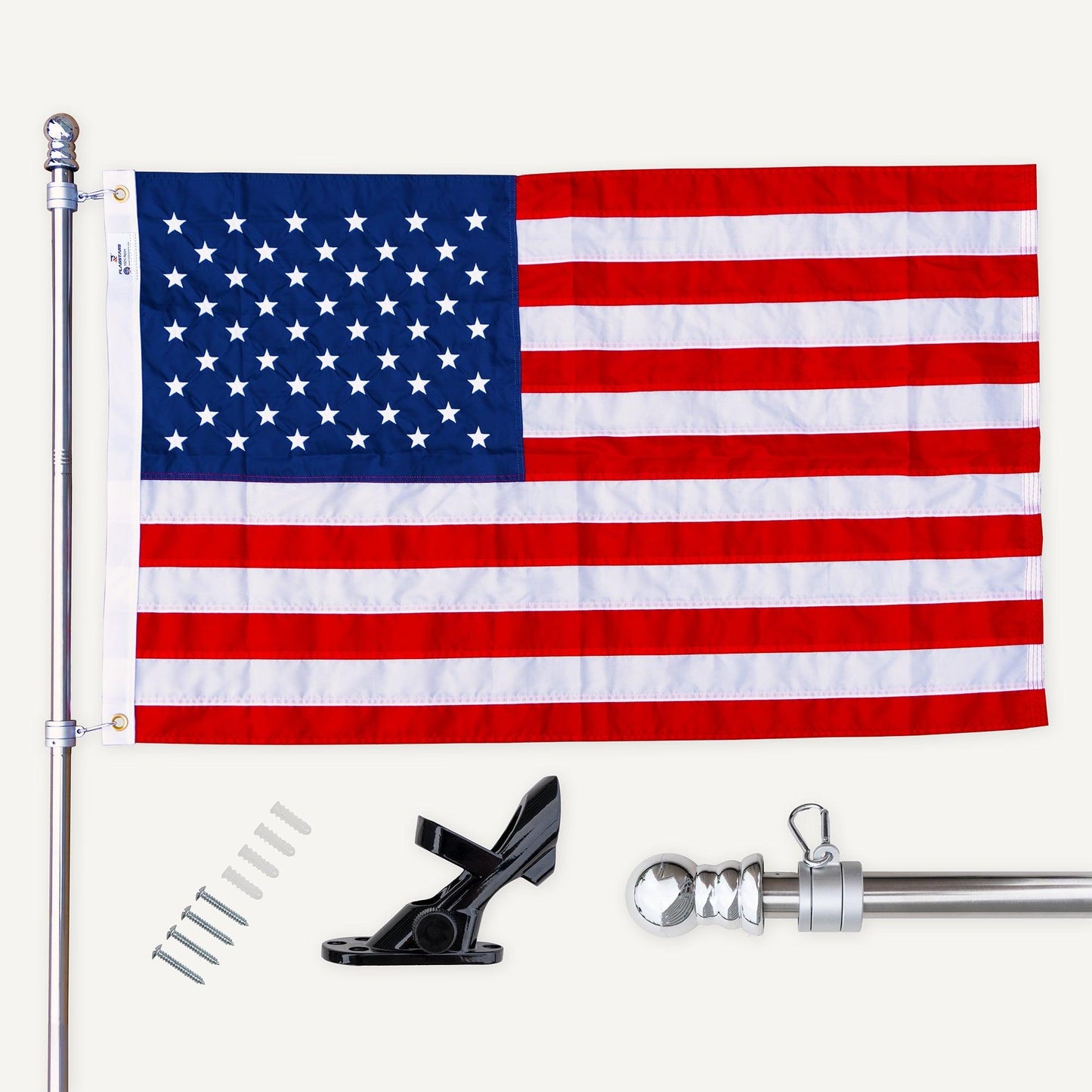 Image of The FlagStars' AMERICAN FLAG SET - COMPLETE BUNDLE, featuring a tangle-free adjustable aluminum flag pole, wall mount bracket, screws, and expansion anchors laid out on a plain background.