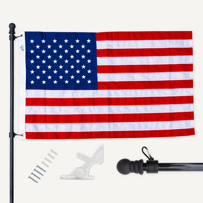 The FlagStars' AMERICAN FLAG SET - COMPLETE BUNDLE includes an adjustable aluminum flag pole with tangle-free spinners, a mounting bracket, and screws, all displayed on a white background.