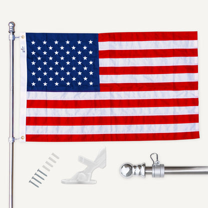 A COMPLETE BUNDLE American Flag Set from The FlagStars, featuring an adjustable aluminum flagpole, tangle-free spinners, a mounting bracket, and screws, is displayed against a neutral background.