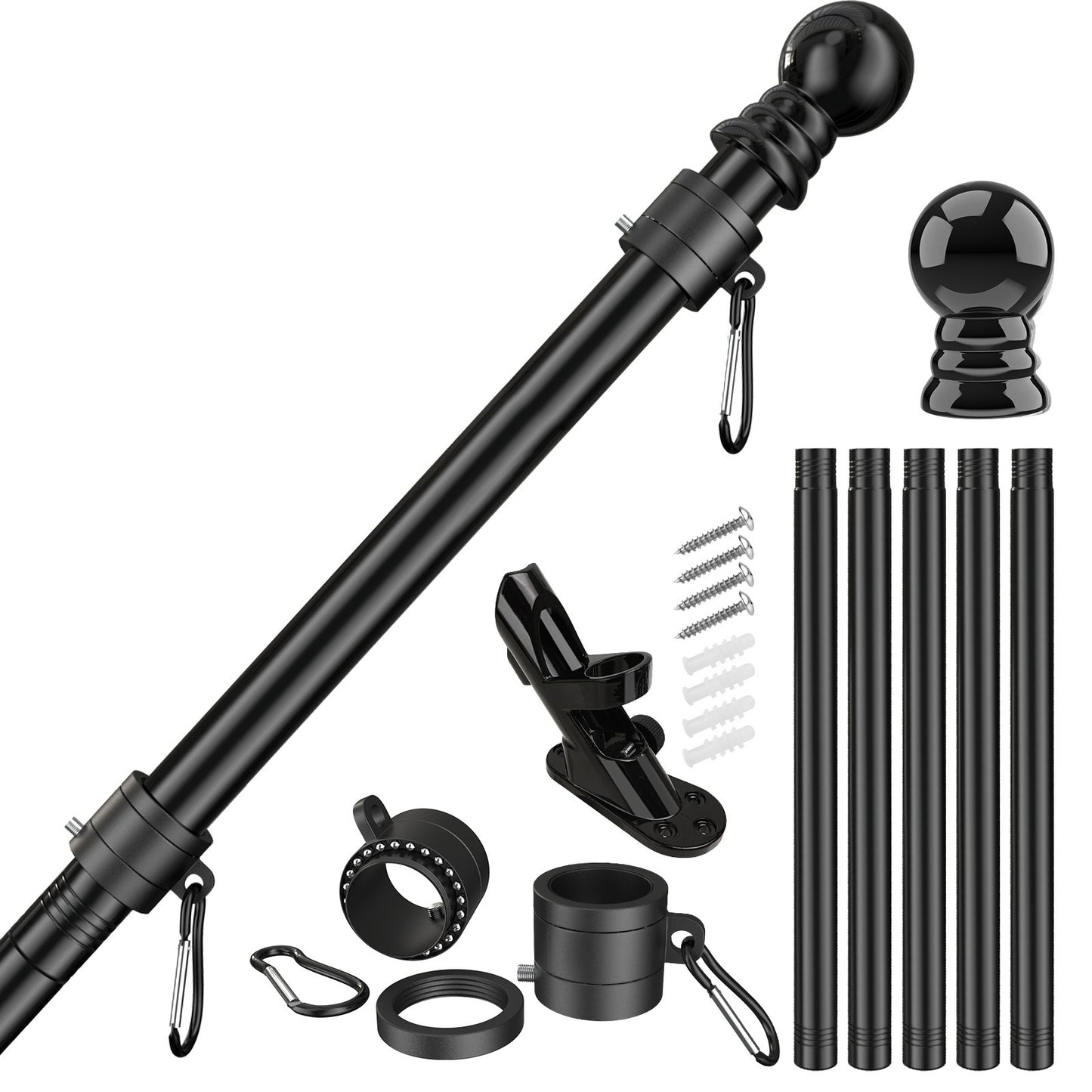 The Flag Stars Inc 5-Section 6FT Stainless Steel Flagpole Kit includes detachable sections, a decorative finial, bracket, screws, rings, and clips—ideal for an American flag set or a tangle-free flag display.
