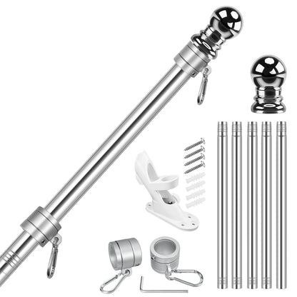 Flag Stars Inc 5-Section 6FT Stainless Steel Flagpole Kit—durable pole with wall brackets, mounting screws, rings, clips, and decorative finials—shown on a white background.