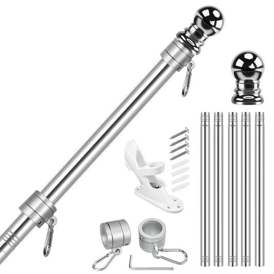 Flag Stars Inc 5-Section 6FT Stainless Steel Flagpole Kit—durable pole with wall brackets, mounting screws, rings, clips, and decorative finials—shown on a white background.