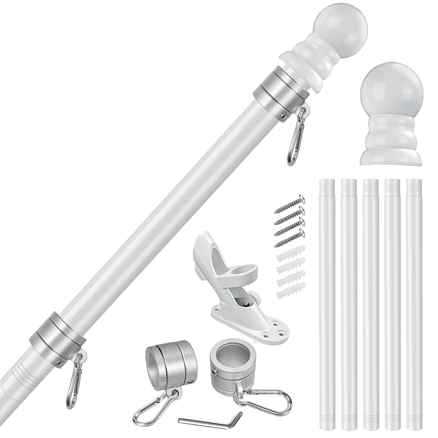 Flag Stars Inc 5-Section 6FT Stainless Steel Flagpole Kit includes finials, mounting bracket, rings, clips, screws, and four adjustable pole sections—displayed on a white background.