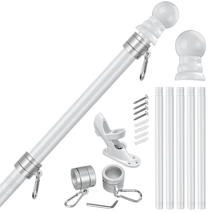 Flag Stars Inc 5-Section 6FT Stainless Steel Flagpole Kit includes finials, mounting bracket, rings, clips, screws, and four adjustable pole sections—displayed on a white background.