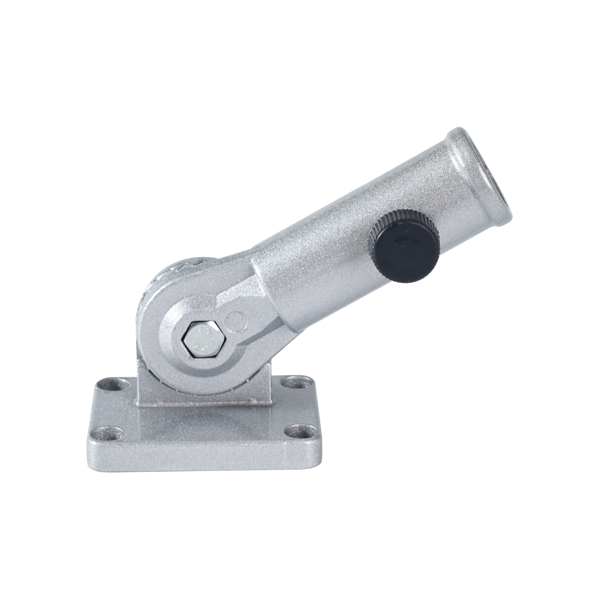 Flag Stars Inc Aluminum Flagpole Bracket – Multi Positions Adjustable, featuring a rotating joint, black knob, and square base with four screw holes for easy installation, shown against a plain white background.