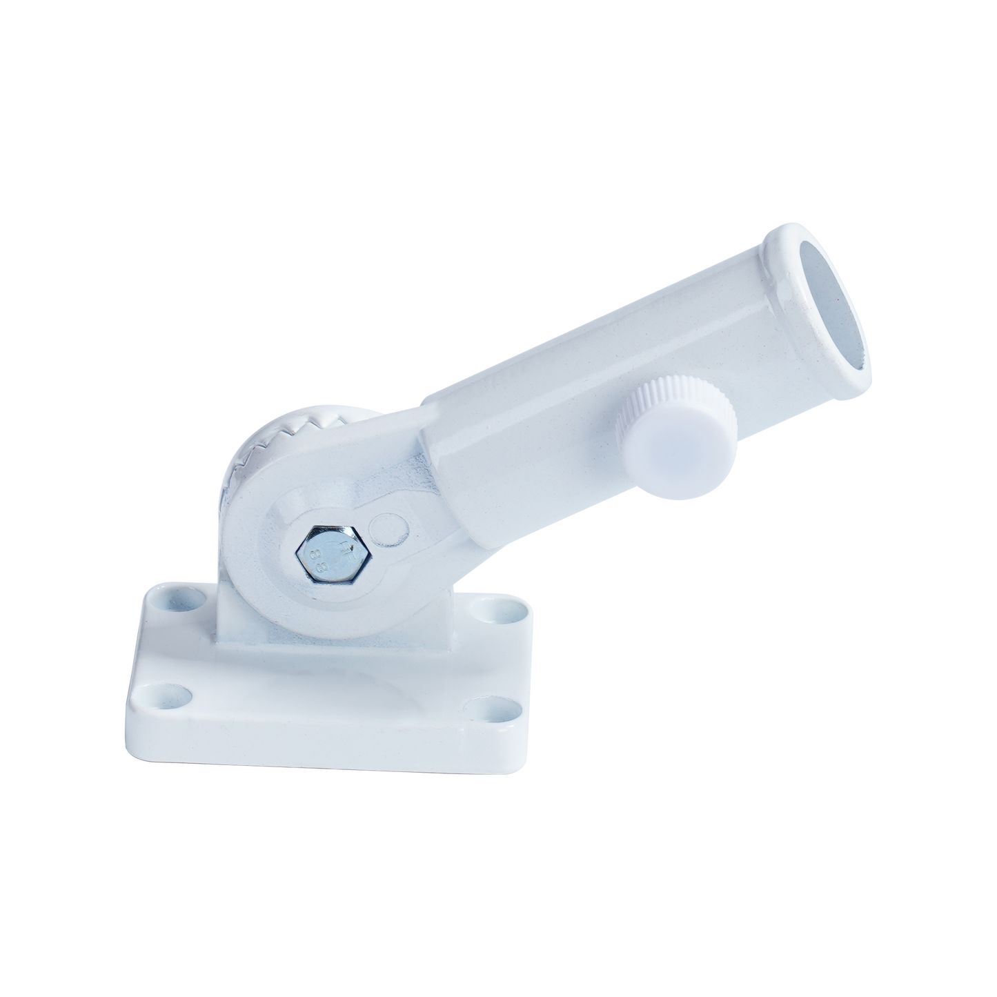 Flag Stars Inc Aluminum Flagpole Bracket – Multi Positions Adjustable features a cylindrical holder, gear mechanism, and four-screw base plate for easy installation.