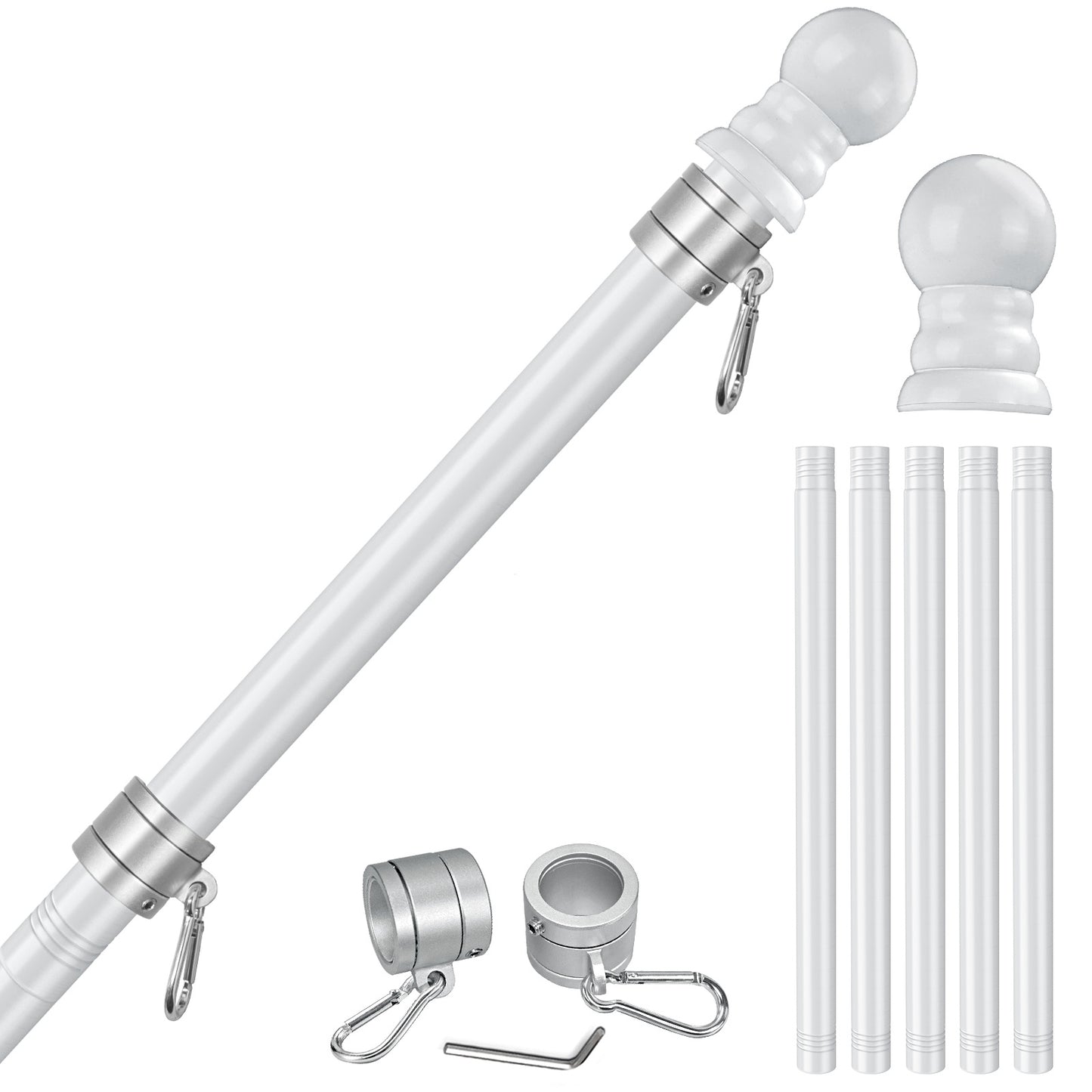 The Flag Stars Inc 5-Section 6FT Stainless Steel Flagpole features a durable build, five segmented sections for easy assembly, and includes mounting brackets with hooks and screws.