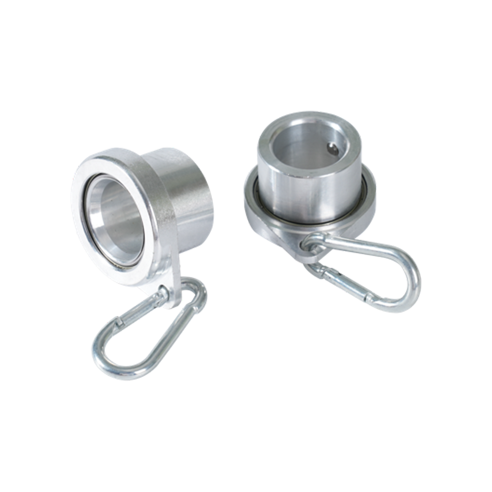 Two Aluminum Alloy Bearing Rings by Flag Stars Inc, featuring silver cylindrical bodies and carabiner clips. Designed for 360° flagpole rotation, these corrosion-resistant swivels are shown on a plain white background.