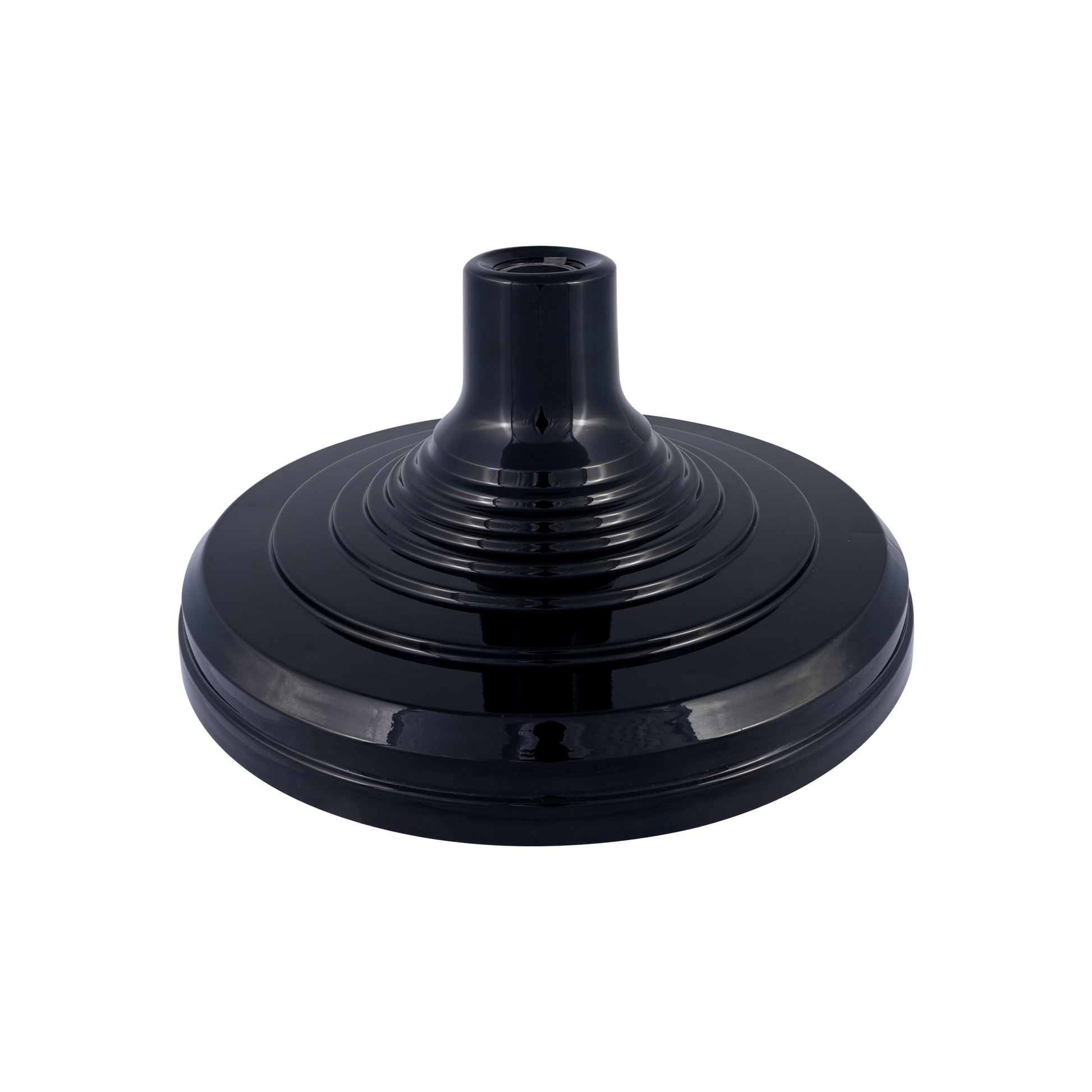 The Indoor Flagpole Base by Flag Stars Inc is a black, round, tiered base made of ABS plastic with a central opening for flags, ideal for indoor displays and shown against a white background.