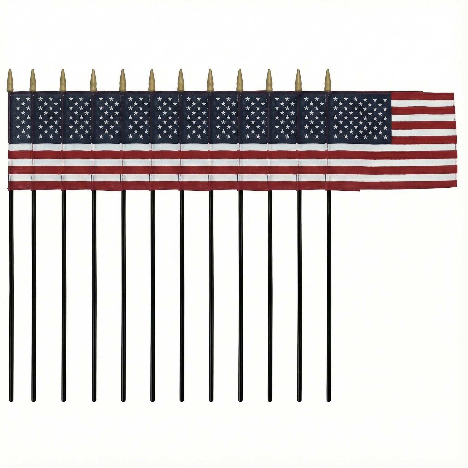 Twelve Cotton US Stick Flags by Flag Stars Inc are arranged in a row, overlapping to create one continuous ceremonial display; each flag is mounted on a black stick. Made in USA.