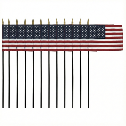 Twelve Cotton US Stick Flags by Flag Stars Inc are arranged in a row, overlapping to create one continuous ceremonial display; each flag is mounted on a black stick. Made in USA.