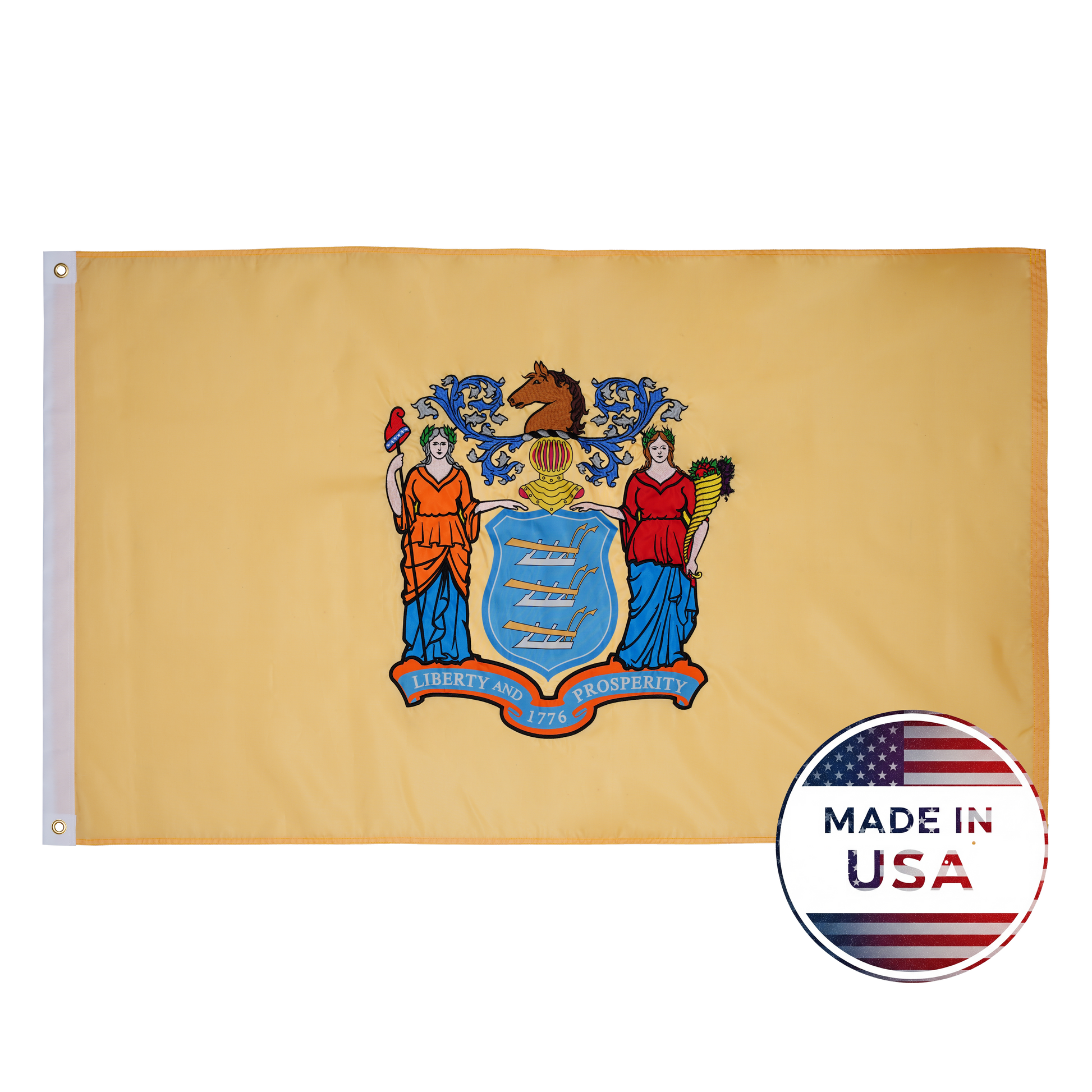 The New Jersey State Flag - 100% Made in USA by Flag Stars Inc features the state coat of arms on a buff background, ideal for outdoor use, shown beside a "Made in USA" badge with an American flag.