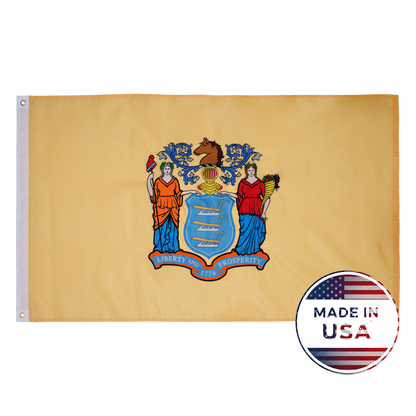 The New Jersey State Flag - 100% Made in USA by Flag Stars Inc features the state coat of arms on a buff background, ideal for outdoor use, shown beside a "Made in USA" badge with an American flag.