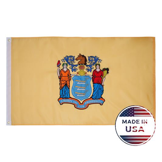 The New Jersey State Flag - 100% Made in USA by Flag Stars Inc features the state coat of arms on a buff background, ideal for outdoor use, shown beside a "Made in USA" badge with an American flag.