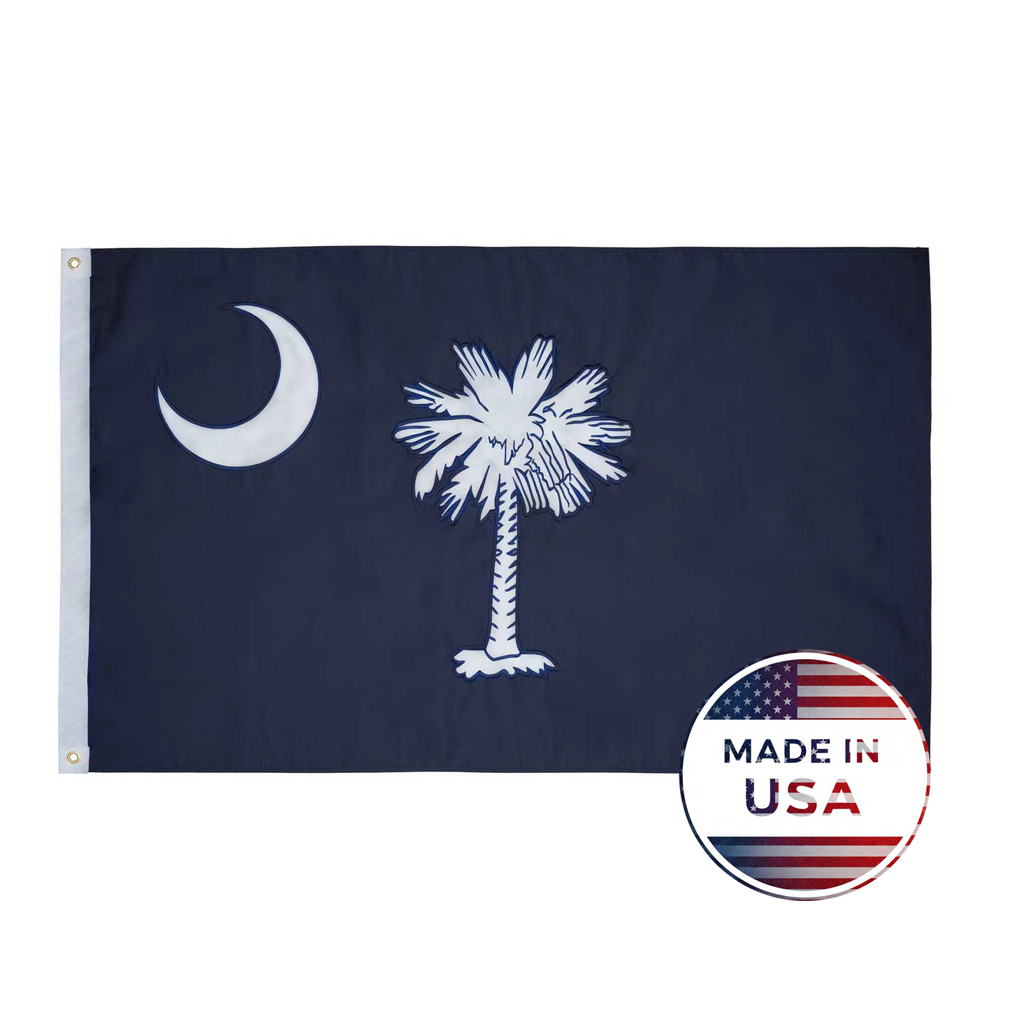 Flag Stars Inc's South Carolina State Flag - 100% Made in USA features a white palmetto and crescent on blue, raised embroidery for detail, and a "Made in USA" label. Durable construction makes it perfect for outdoor use.