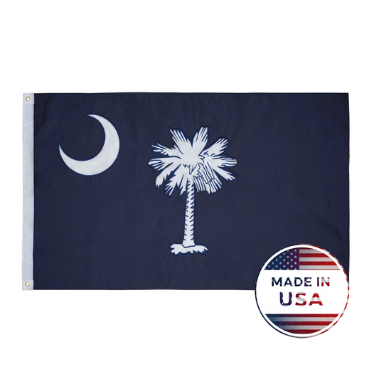 Flag Stars Inc's South Carolina State Flag - 100% Made in USA features a white palmetto and crescent on blue, raised embroidery for detail, and a "Made in USA" label. Durable construction makes it perfect for outdoor use.