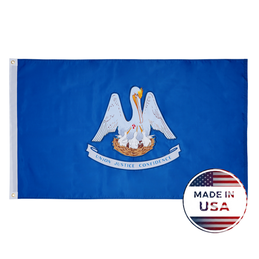 The Louisiana State Flag - 100% Made in USA by Flag Stars Inc shows a white pelican feeding its young on blue, above a Union Justice Confidence ribbon. With raised embroidery, it’s outdoor-ready and has a Made in USA badge in the lower right corner.