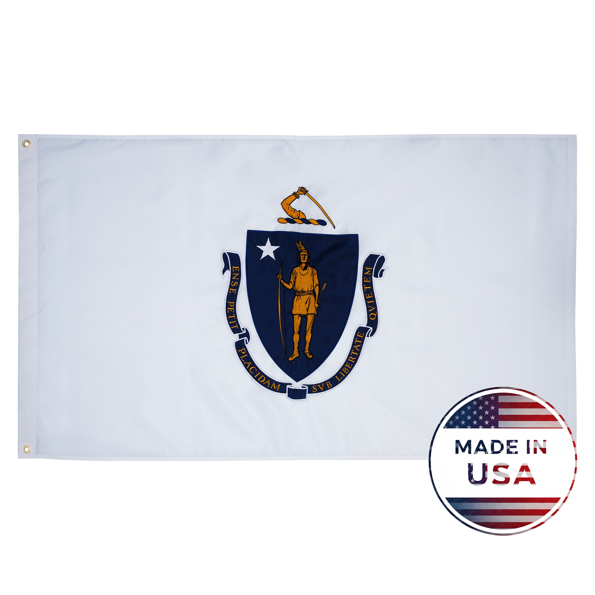 The Massachusetts State Flag by Flag Stars Inc features a Native American and star on a blue shield against white, with a Made in USA badge at the bottom right, highlighting its outdoor durability. 100% Made in USA.