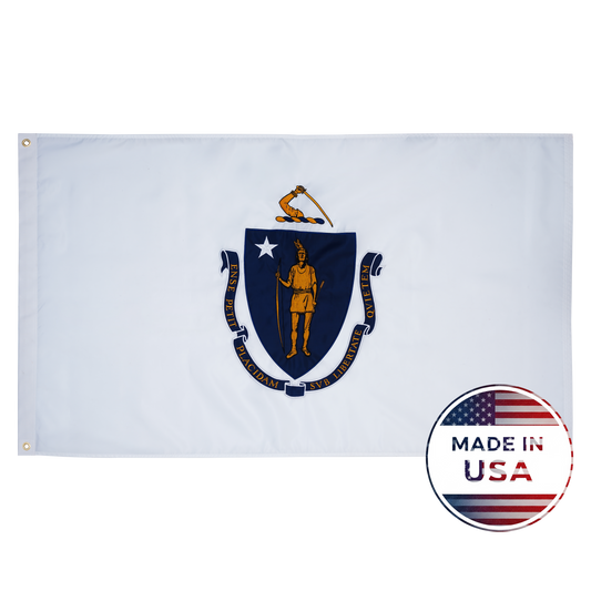 The Massachusetts State Flag by Flag Stars Inc features a Native American and star on a blue shield against white, with a Made in USA badge at the bottom right, highlighting its outdoor durability. 100% Made in USA.